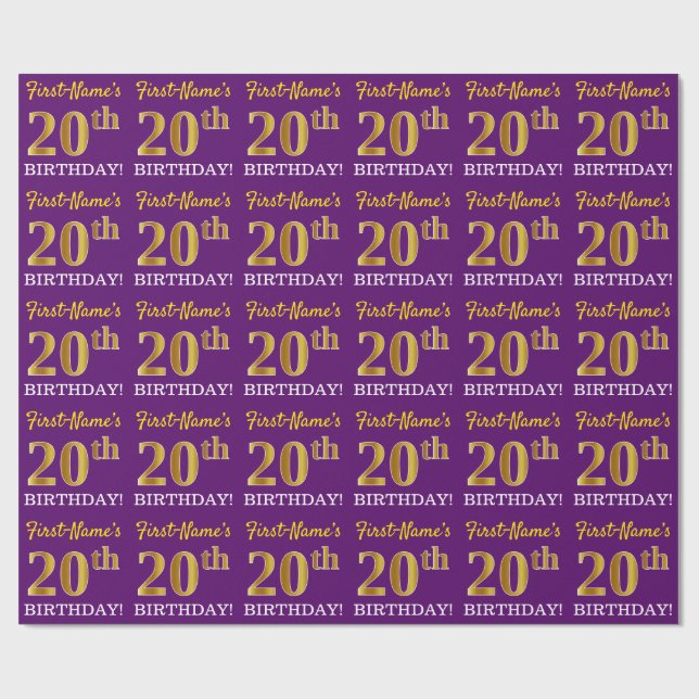 Papier Cadeau Purple, Imitation Gold Look "20ème anniversaire" (Plat)