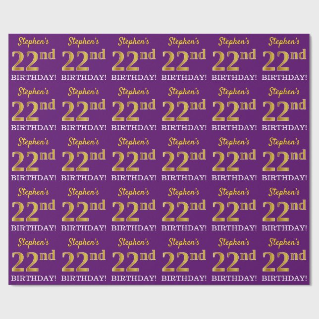 Papier Cadeau Purple, Imitation Gold Look "22e anniversaire" (Plat)