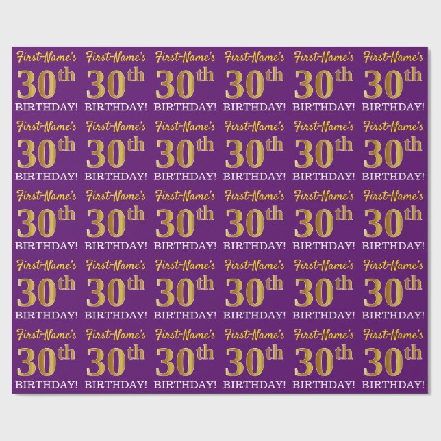 Papier Cadeau Purple, Imitation Gold Look "30ème anniversaire" (Plat)