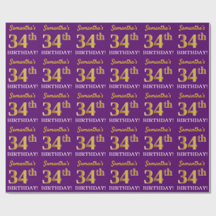 Papier Cadeau Purple, Imitation Gold Look "34e anniversaire"