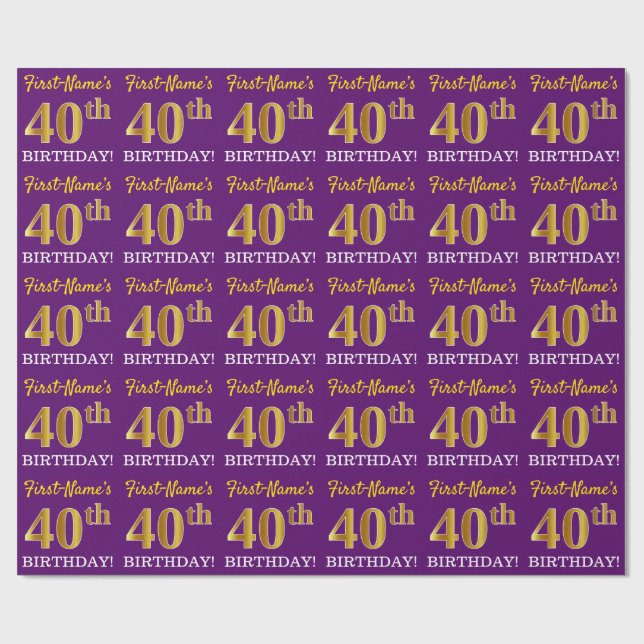 Papier Cadeau Purple, Imitation Gold Look "40ème anniversaire" (Plat)