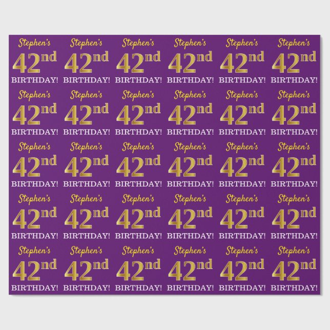 Papier Cadeau Purple, Imitation Gold Look "42e anniversaire" (Plat)