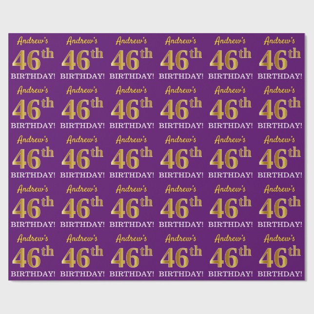 Papier Cadeau Purple, Imitation Gold Look "46ème anniversaire" (Plat)