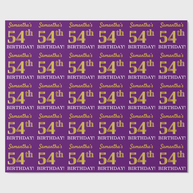 Papier Cadeau Purple, Imitation Gold Look "54e anniversaire" (Plat)
