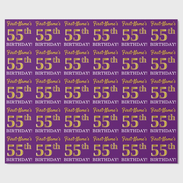 Papier Cadeau Purple, Imitation Gold Look "55ème anniversaire" (Plat)