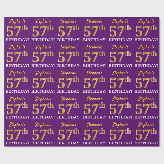 Papier Cadeau Purple, Imitation Gold Look "57ème anniversaire" (Plat)