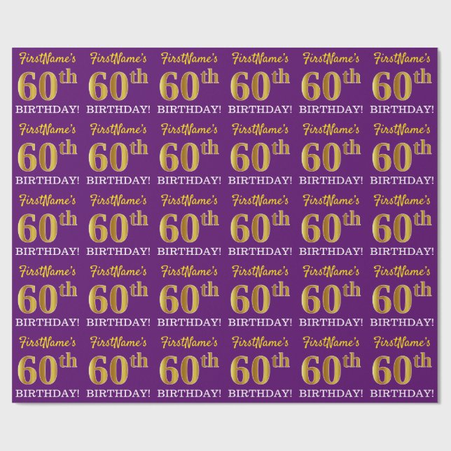Papier Cadeau Purple, Imitation Gold Look "60ème anniversaire" (Plat)