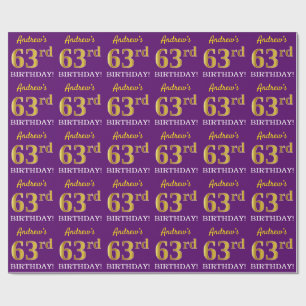 Papier Cadeau Purple, Imitation Gold Look "63ème anniversaire"