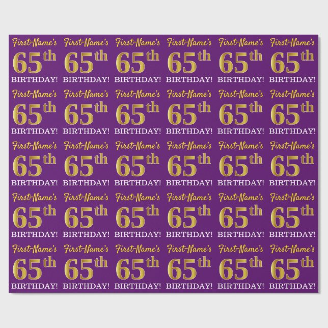 Papier Cadeau Purple, Imitation Gold Look "65ème anniversaire" (Plat)
