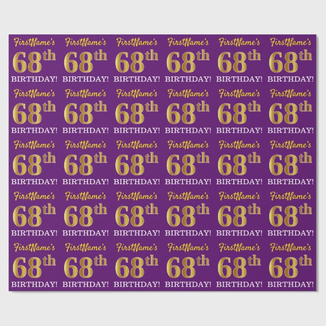 Papier Cadeau Purple, Imitation Gold Look "68ème anniversaire" (Plat)