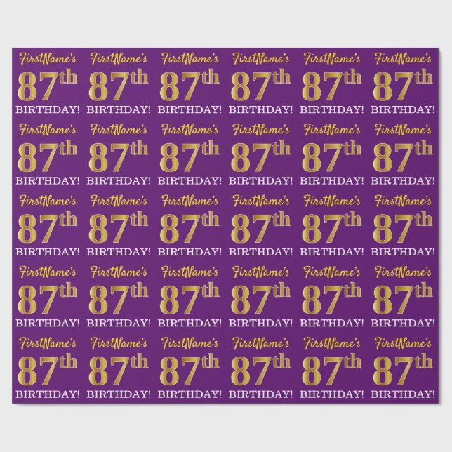 Papier Cadeau Purple, Imitation Gold Look "87ème anniversaire" (Plat)