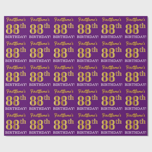 Papier Cadeau Purple, Imitation Gold Look "88ème anniversaire" (Plat)