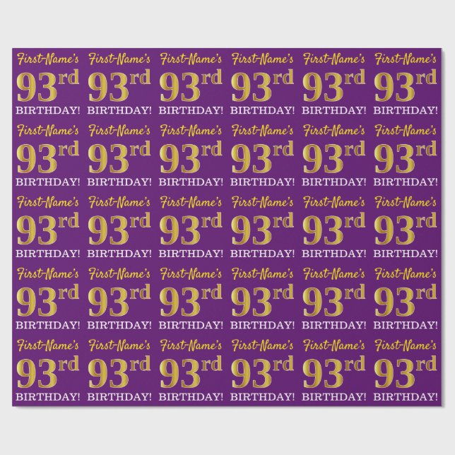 Papier Cadeau Purple, Imitation Gold Look "93ème anniversaire" (Plat)
