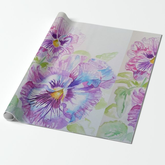 Papier Cadeau Purple Pansy fleurs florales Aquarelle (Déroulé)