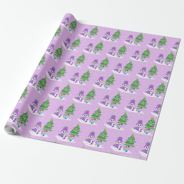 Papier Cadeau Purple Snowman Bleu Oiseau de Noël Arbre de Noël (Déroulé)