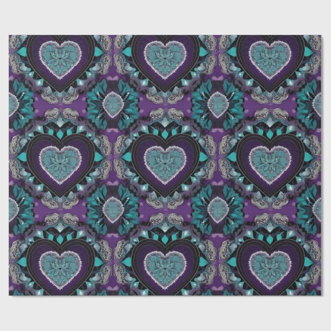 Papier Cadeau Purple, Turquoise & Noir Saint Valentin Coeur Mand (Plat)