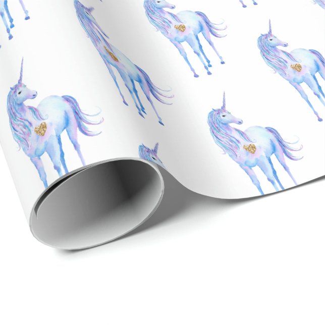 Papier Cadeau Purple Unicorn Gold Parties scintillant Coeur (Coin rond)