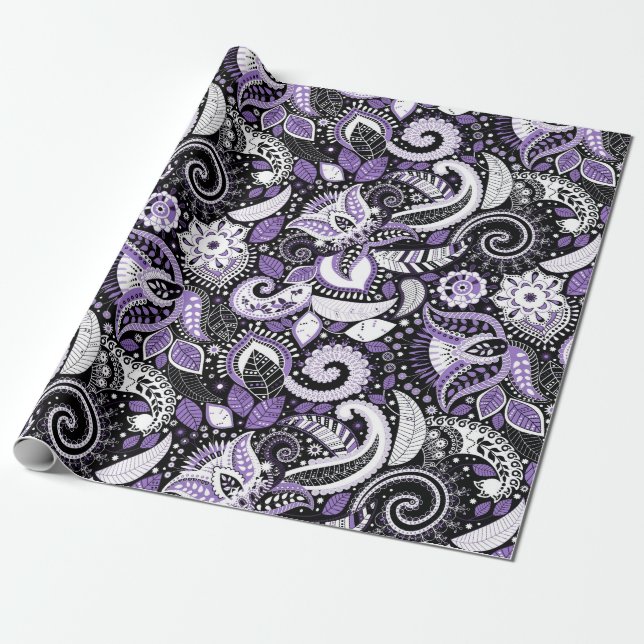 Papier Cadeau Purple White Paisley Imprimer Élégante fête d'anni (Déroulé)