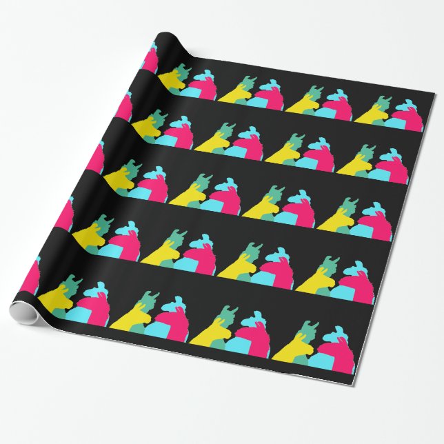 Papier Cadeau Quatre lamas dans quatre couleurs de lama - un (Déroulé)