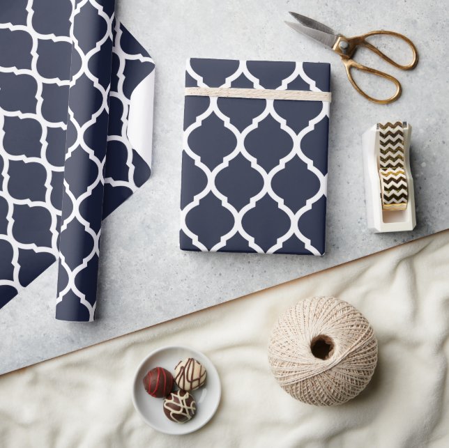 Papier Cadeau Quatrefoil bleu marine et blanc marocain Imprimer (Artisanat)