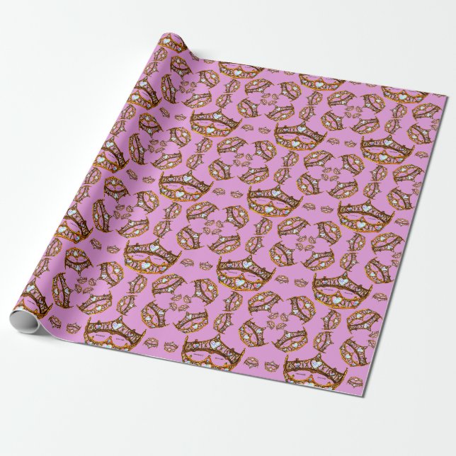 Papier Cadeau Queen Hearts Gold Crowns Tiaras cadeau lilas rose (Déroulé)