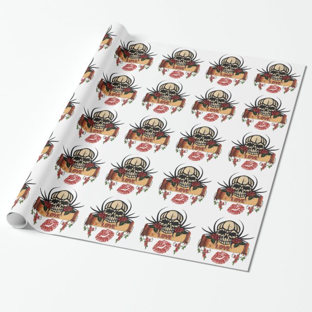 Papier Cadeau RAB Rockabilly Crâne Roses Love Lipstick (Déroulé)