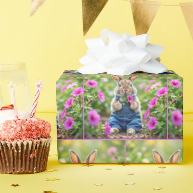 Papier Cadeau Rabbit Manger Pétunia Rose Fleurs (Fête d'anniversaire)
