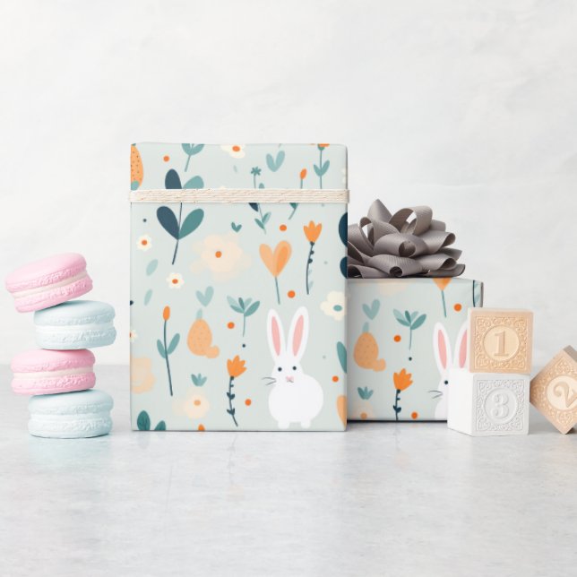 Papier Cadeau Rabbit Spring Bleu Et Orange Pastel (Baby Shower)