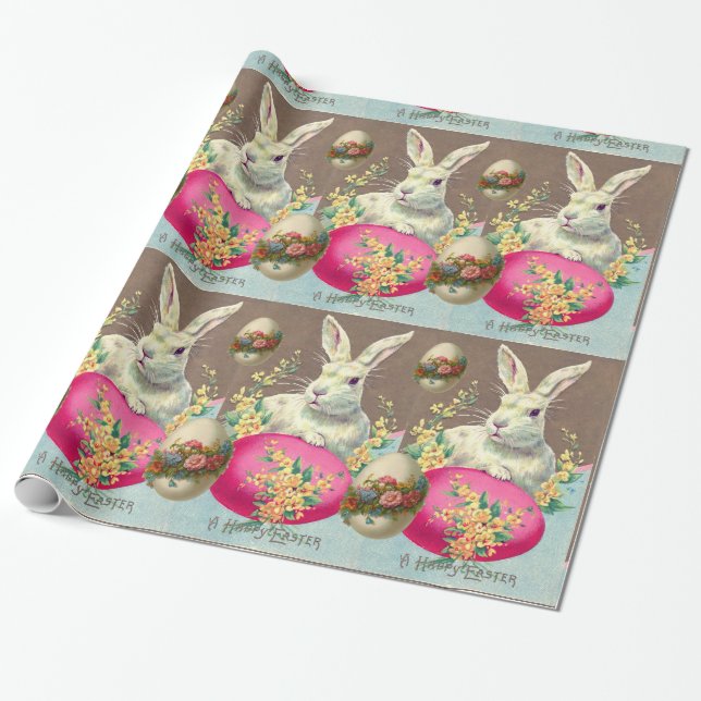 PAPIER CADEAU RABIT BLANC AVEC OEUF DE PÂQUES ET FLEURS DE PRINT (Déroulé)