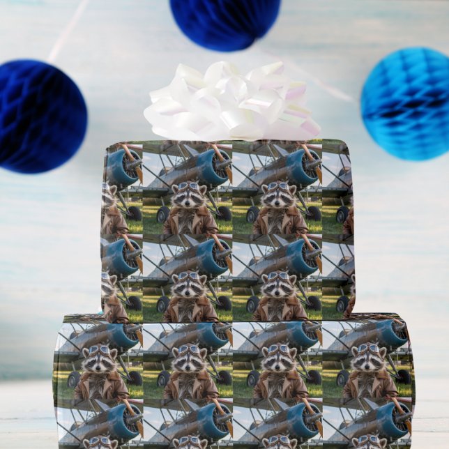 Papier Cadeau Raccoon Pilot Airplane Funny Photo Birthday (Créateur téléchargé)