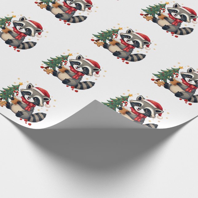 Papier Cadeau Raccoon Portant Le Chapeau Du Père Noël (Coin)