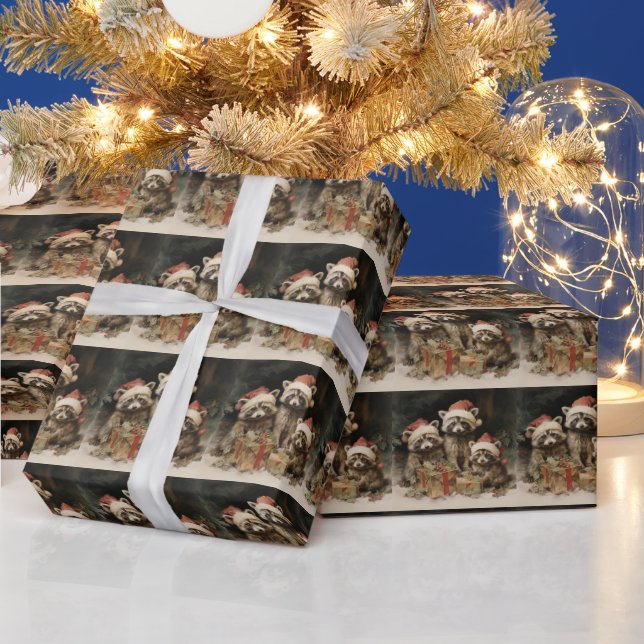 Papier Cadeau Racoons de Noël portant des chapeaux de Père Noël (Vacances)