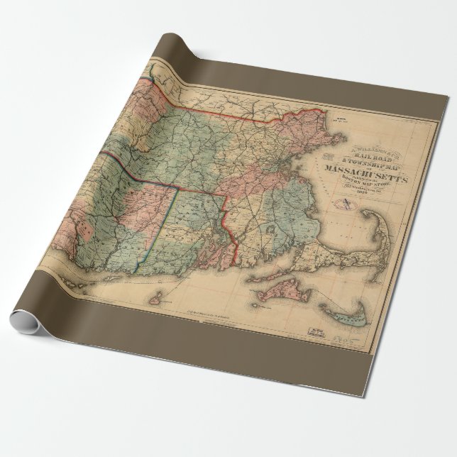 Papier Cadeau Rail Road & Township Map of Massachusetts, 1879 (Déroulé)