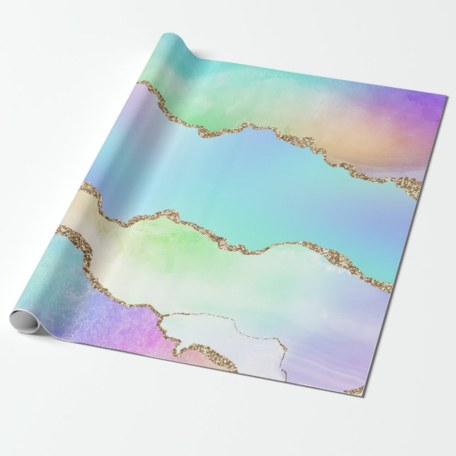 Papier Cadeau Rainbow Agate Pastel Faux Parties scintillant (Déroulé)