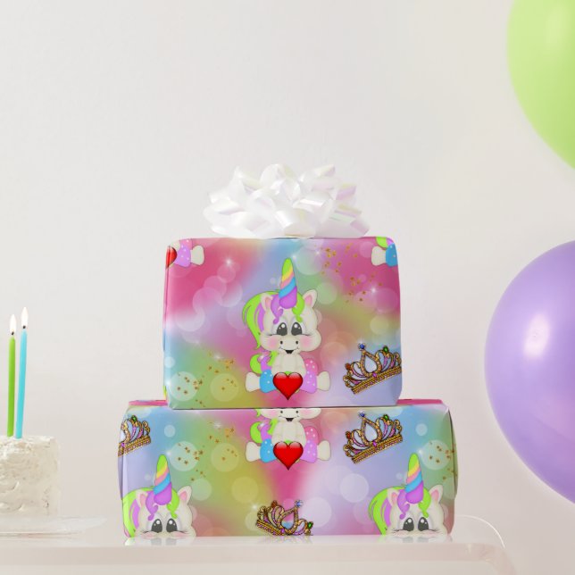 Papier Cadeau Rainbow Bokeh Unicorns et Couronnes (Cadeaux de fête)
