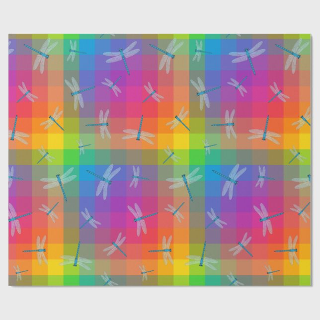 Papier Cadeau Rainbow Check with Dragonflies (Plat)