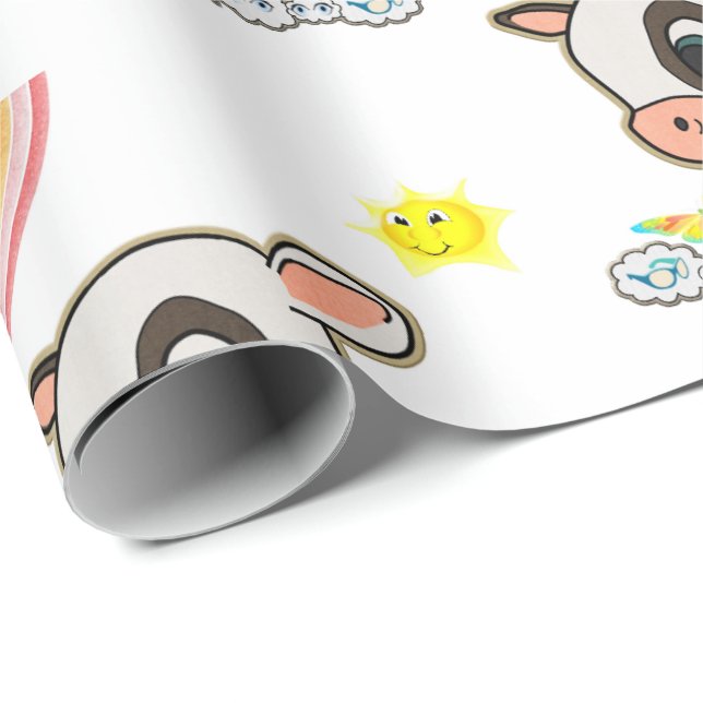 Papier Cadeau Rainbow Clouds Butterfly Wrapping Paper Cow (Coin rond)