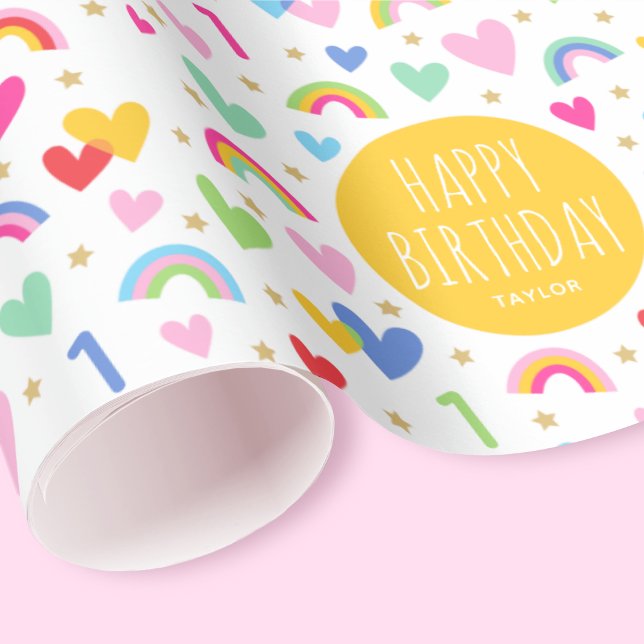 Papier Cadeau Rainbow Hearts 1er anniversaire Personnalisé Nom J (Créateur téléchargé)