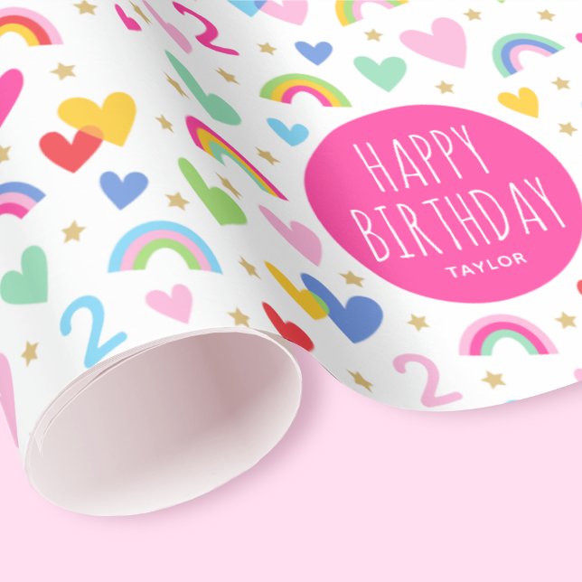 Papier Cadeau Rainbow Hearts 2e anniversaire Nom personnalisé ro (Créateur téléchargé)