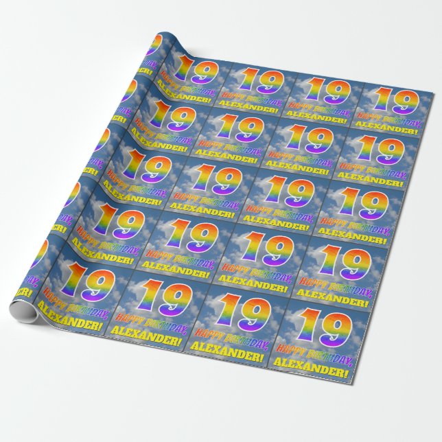 Papier Cadeau Rainbow Look "19" & "HAPPY BANTHDAY", Nuages, Sky (Déroulé)