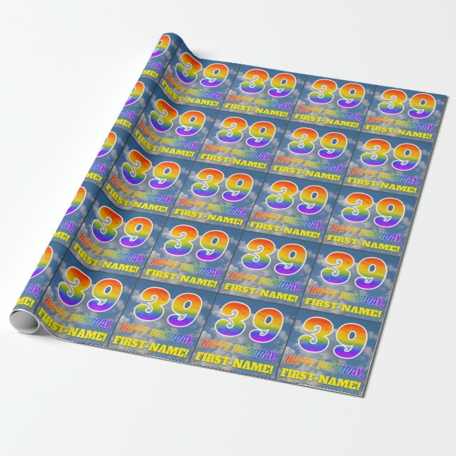 Papier Cadeau Rainbow Look "39" & "HAPPY BANTHDAY", Nuages, Sky (Déroulé)