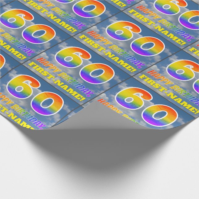 Papier Cadeau Rainbow Look "60" & "HAPPY BANTHDAY", Nuages, Sky (Coin)