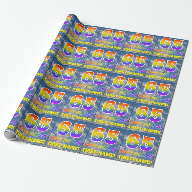 Papier Cadeau Rainbow Look "65" & "HAPPY BANTHDAY", Nuages, Sky (Déroulé)
