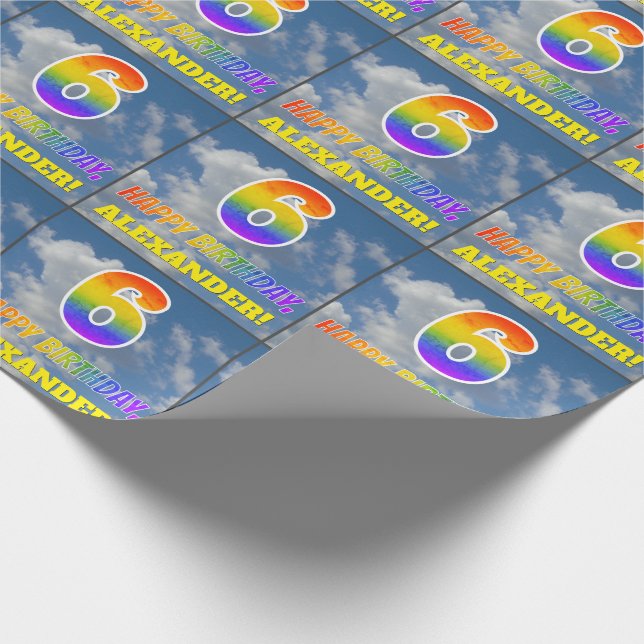 Papier Cadeau Rainbow Look "6" & "HEUREUX ANNIVERSAIRE", Nuages, (Coin)
