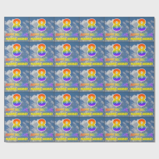 Papier Cadeau Rainbow Look "8" & "HEUREUX ANNIVERSAIRE", Nuages, (Plat)