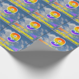 Papier Cadeau Rainbow Look "9" & "HEUREUX ANNIVERSAIRE", Nuages,