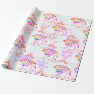Papier Cadeau Rainbow Unicorn Magique Purple Neige Flakes mignon