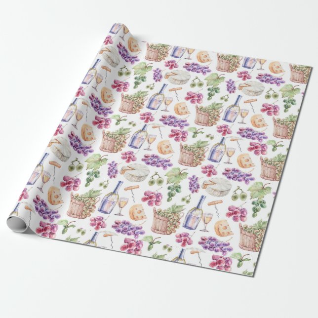 Papier Cadeau Raisins de fromage à vin rustique Motif d'aquarell (Déroulé)