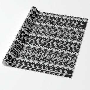 Papier Cadeau Rangées de motifs gribouillés noir et blanc