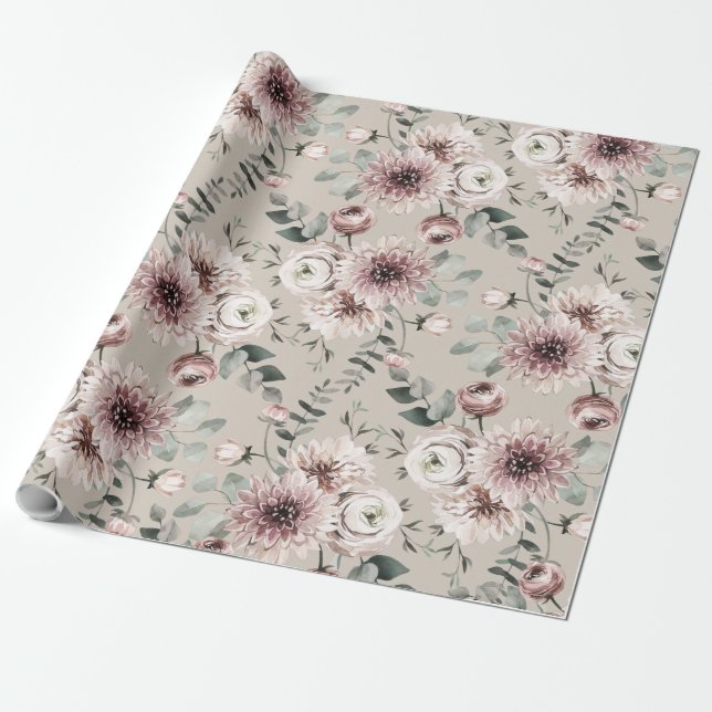Papier Cadeau Ranunculus rose pâle Dahlias Eucalyptus Garden (Déroulé)